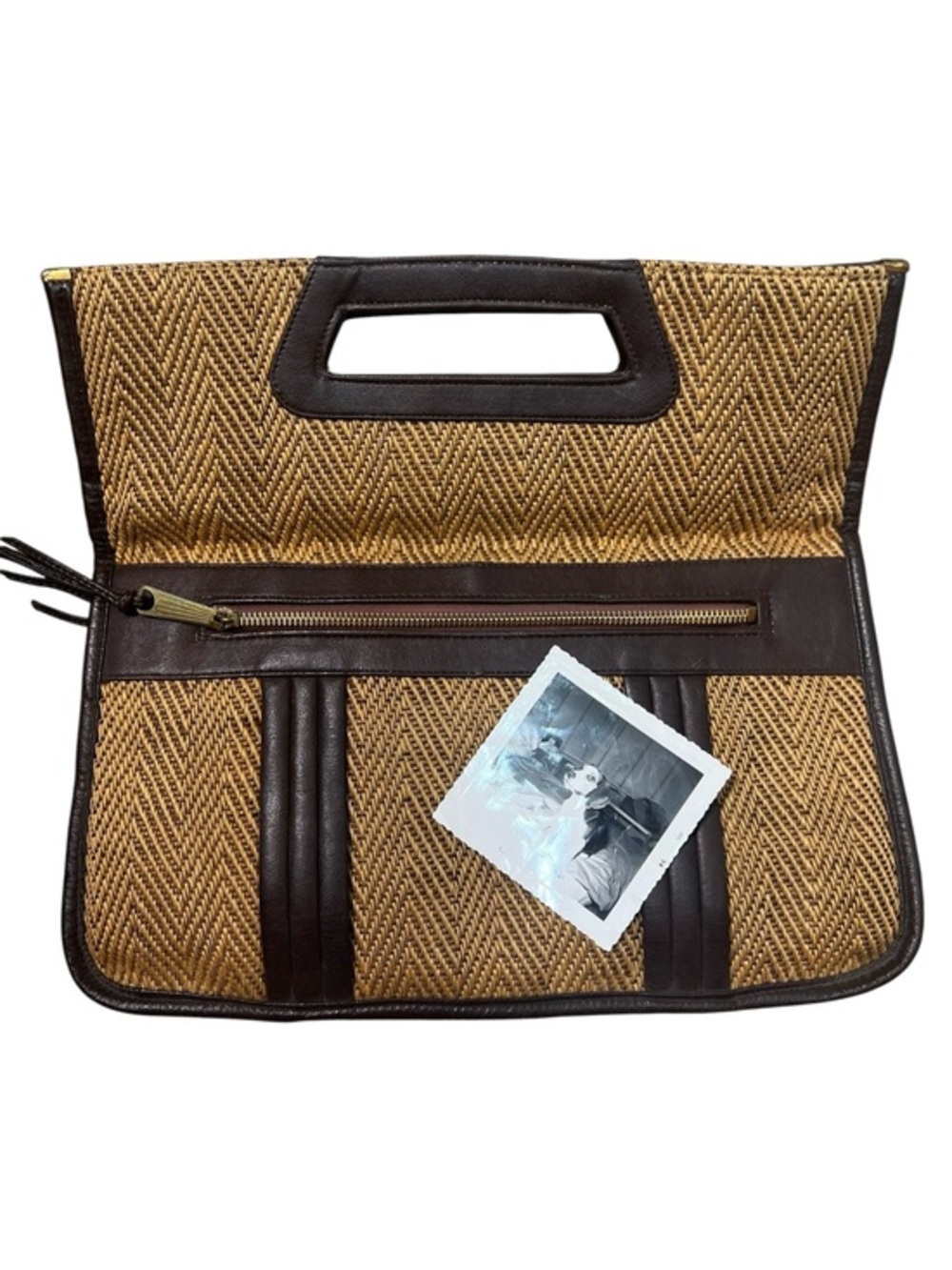 Vintage Woven Raffia Brown Trim Cutout Handle Clutch Coastal Resort Chic
